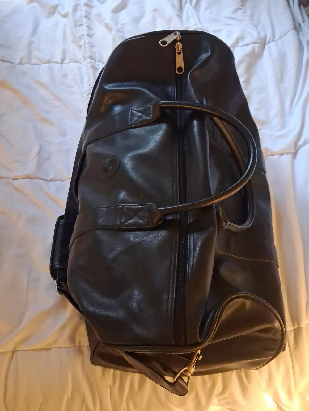 Black Leather Faux Duffel Bag with Shoulder Strap Unisex